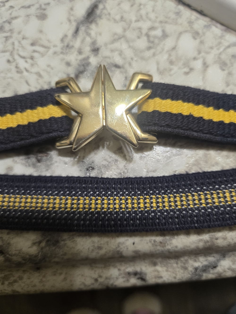 Vintage Gold Star Buckle Navy and Yellow Kids Elastic Belt. Adjustable. 27" Long